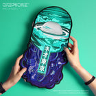 Someone holds the Neo Tokyo Pill Embroidered Back Patch, featuring a vibrant cyberpunk scene with a UFO, clouds, swirling blue designs, neon Japanese text, and a green background.