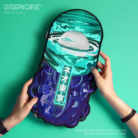 Someone holds the Neo Tokyo Pill Embroidered Back Patch, featuring a vibrant cyberpunk scene with a UFO, clouds, swirling blue designs, neon Japanese text, and a green background.