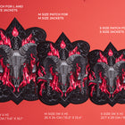 The Baphomet Embroidered Back Patch showcases a goat skull with red flames, available in large, medium, and small sizes for jacket customization. Dimensions are listed below each patch on a bold red background—perfect for occult fashion fans.