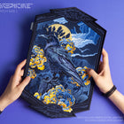 A person holds the Crow and Peonies Embroidered Back Patch, featuring a black crow among yellow flowers, blue foliage, gothic-style text, and a moonlit cloud background in detailed embroidery.
