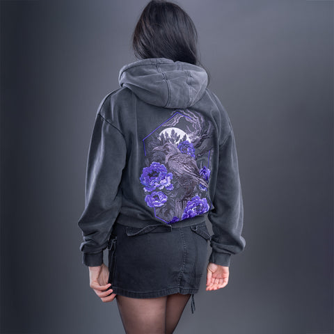 Crow Moon Embroidered  Unisex Stonewashed Hoodie
