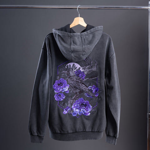 Crow Moon Embroidered  Unisex Stonewashed Hoodie