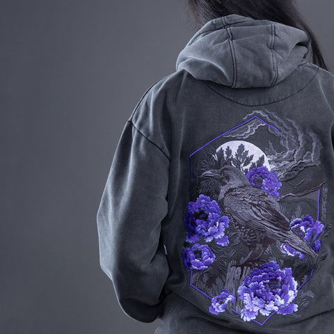 Crow Moon Embroidered  Unisex Stonewashed Hoodie