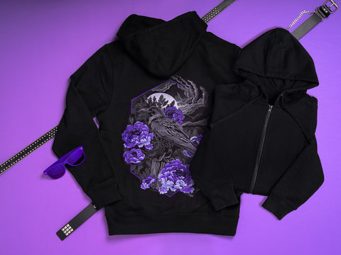 Embroidered hoodie crow and purple peonies