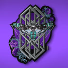 The Death’s Head Moth Embroidered Patch features a teal and black Death’s-head hawkmoth with geometric shapes and purple flowers on a vibrant purple background—ideal as an occult back patch.