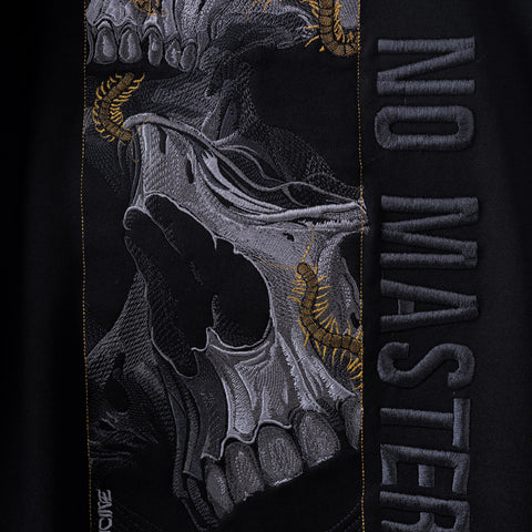 The Skull & Scolopendras Limited Edition Embroidered Hoodie features a detailed skull with yellow centipedes and bold NO MASTER text on black fabric—ideal for dark art streetwear fans or anyone wanting a unique skull hoodie.
