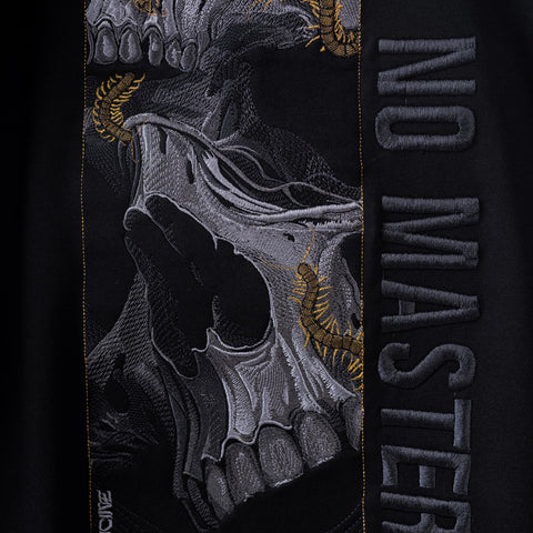 The Skull & Scolopendras Limited Edition Embroidered Hoodie features a gold centipede skull design and bold "NO MASTER" text on black—perfect streetwear for standout, unconventional style.