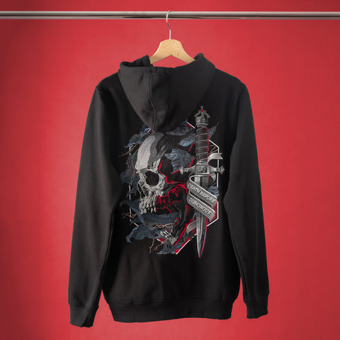 The Skull & Dagger Unisex Embroidered Hoodie, shown in black on a wooden hanger with a red backdrop, features a detailed gothic design on the back: a skull, roses, crows, and dagger wrapped in a "Creativity Over Competition" banner.