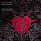 The Doomed - Custom Initials Embroidered Patch showcases a detailed red heart with ornate initials on dark gray baroque patterned fabric and gothic accents. Text: Special and Personalized, with instructions for your custom initials.