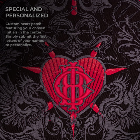 The Doomed - Custom Initials Embroidered Patch showcases a detailed red heart with ornate initials on dark gray baroque patterned fabric and gothic accents. Text: Special and Personalized, with instructions for your custom initials.