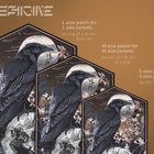 Three Raven and Skull Embroidered Back Patches with floral gothic details, in large, medium, and small sizes, shown on a brown background. Text displays patch dimensions and recommended jacket sizes for each gothic accessory.