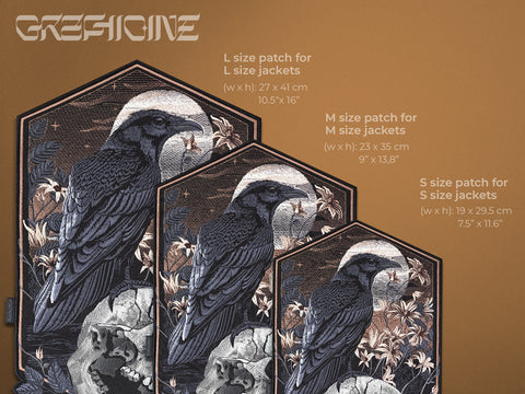 Three Raven and Skull Embroidered Back Patches with floral gothic details, in large, medium, and small sizes, shown on a brown background. Text displays patch dimensions and recommended jacket sizes for each gothic accessory.