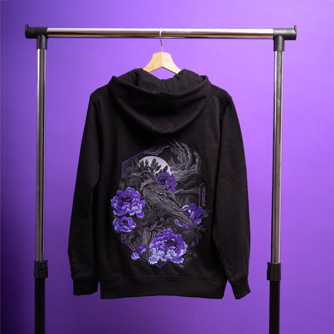 Embroidered hoodie crow and purple peonies