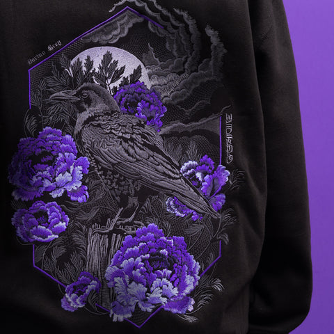 Embroidered hoodie crow and purple peonies