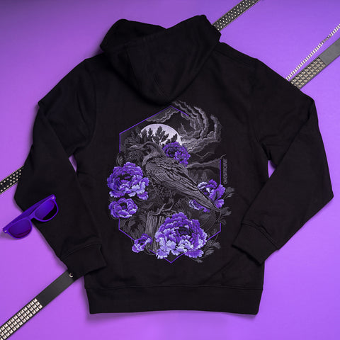 Embroidered hoodie crow and purple peonies