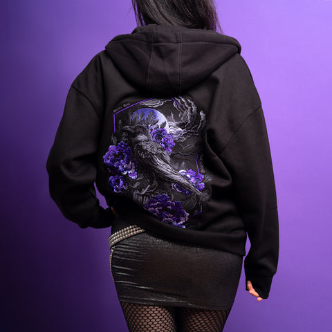 Embroidered hoodie crow and purple peonies