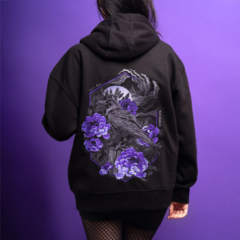 Embroidered hoodie crow and purple peonies