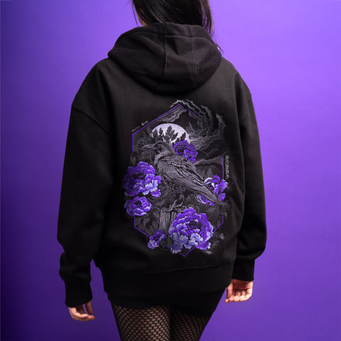 Embroidered hoodie crow and purple peonies