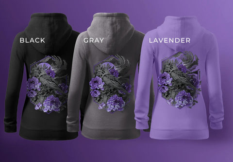 Embroidered hoodie crow and purple peonies