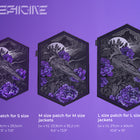 The Crow & Peonies Goth Embroidered Patch comes in three sizes, each showcasing a detailed raven on peonies with a moonlit sky background. Size dimensions for S, M, and L are listed below each patch.