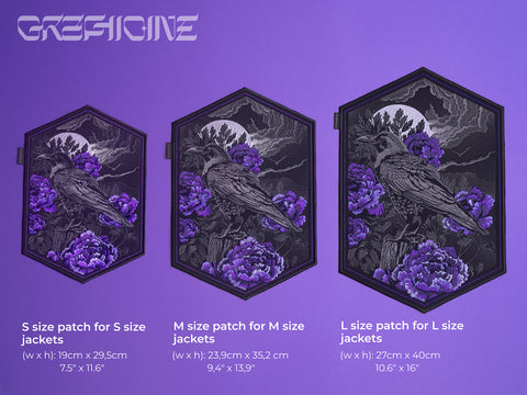 The Crow & Peonies Goth Embroidered Patch comes in three sizes, each showcasing a detailed raven on peonies with a moonlit sky background. Size dimensions for S, M, and L are listed below each patch.