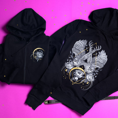 Embroidered hoodie eagles and moon