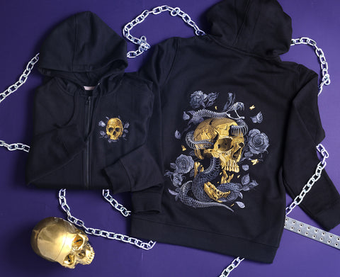 Embroidered hoodie skull and snake skeleton