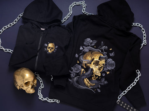 Embroidered hoodie skull and snake skeleton