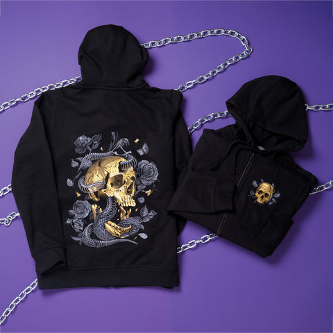 Embroidered hoodie skull and snake skeleton