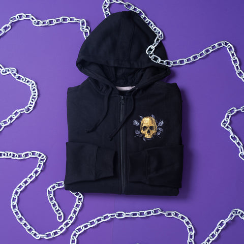 Embroidered hoodie skull and snake skeleton