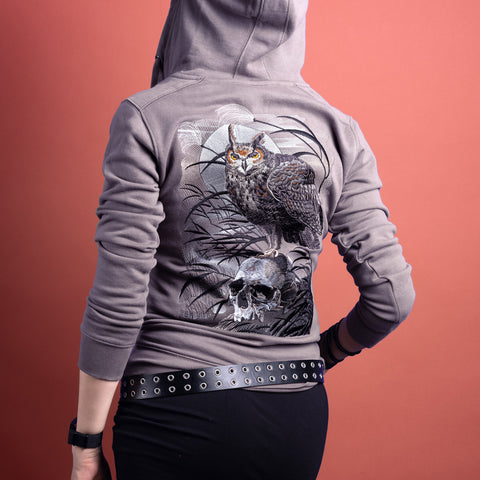 Embroidered hoodie owl and skull