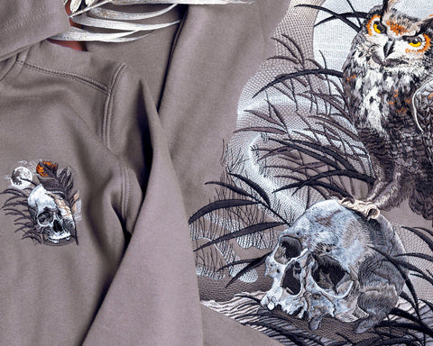 Embroidered hoodie owl and skull