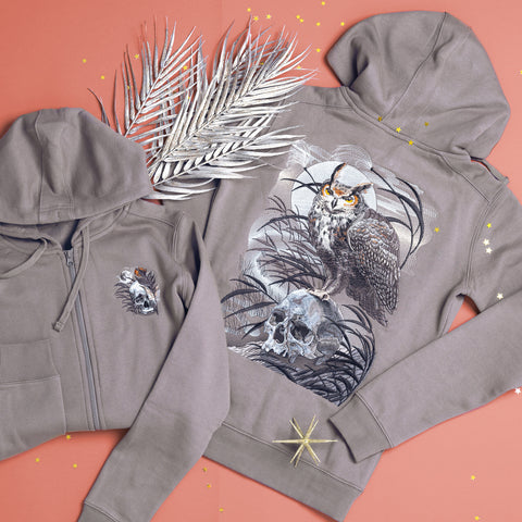 Embroidered hoodie owl and skull