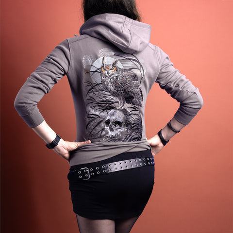 Embroidered hoodie owl and skull