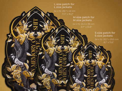 The Spotify Song Code Embroidered Patch is a customizable patch featuring a unique song code, available in sizes L, M, and S, in black, gold, or white—perfect for jackets and music lovers. Size dimensions are listed.