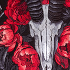 The Blesbok Skull and Flowers Embroidered Patch features a silver ram skull with black horns, vivid red flowers, and green leaves on dark fabric—ideal as a goth fashion back patch or bold dark art accessory.